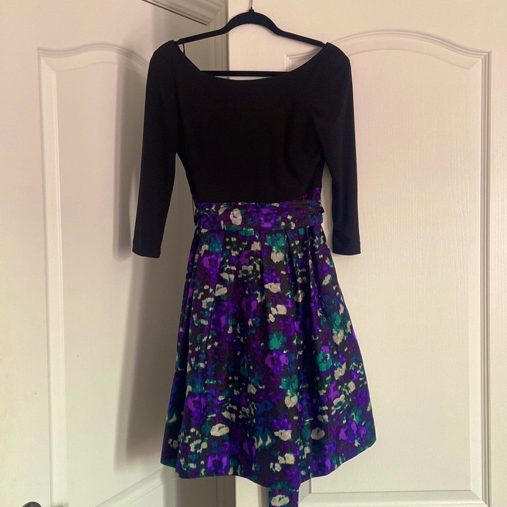 Eliza J Dark Floral Print Belted Fit and Flare Dress with pockets